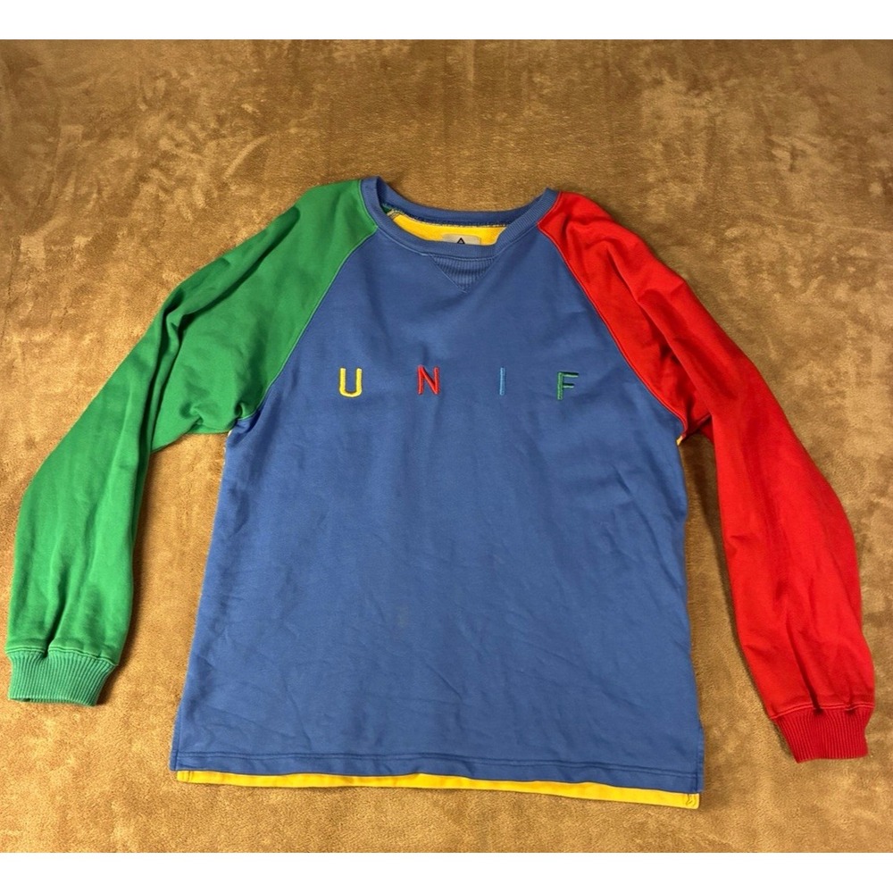UNIF Womens Sweatshirt L Multicolor Colorblock Crewneck Pullover Unisex Kidcore